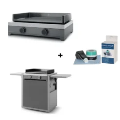 PACK Combo Plancha Gaz Modern 60 Acier Gris / Noir + Chariot + Kit De Nettoyage - Forge Adour